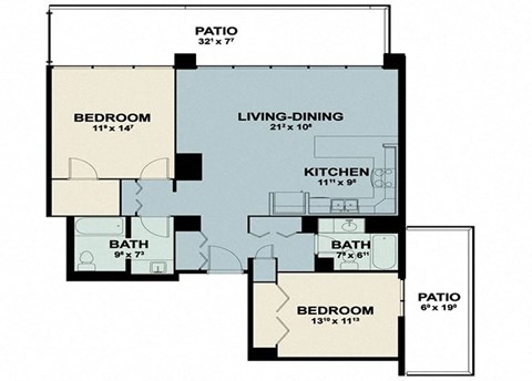 Floor plan for 2 beds, 2 baths, 1078 sqft